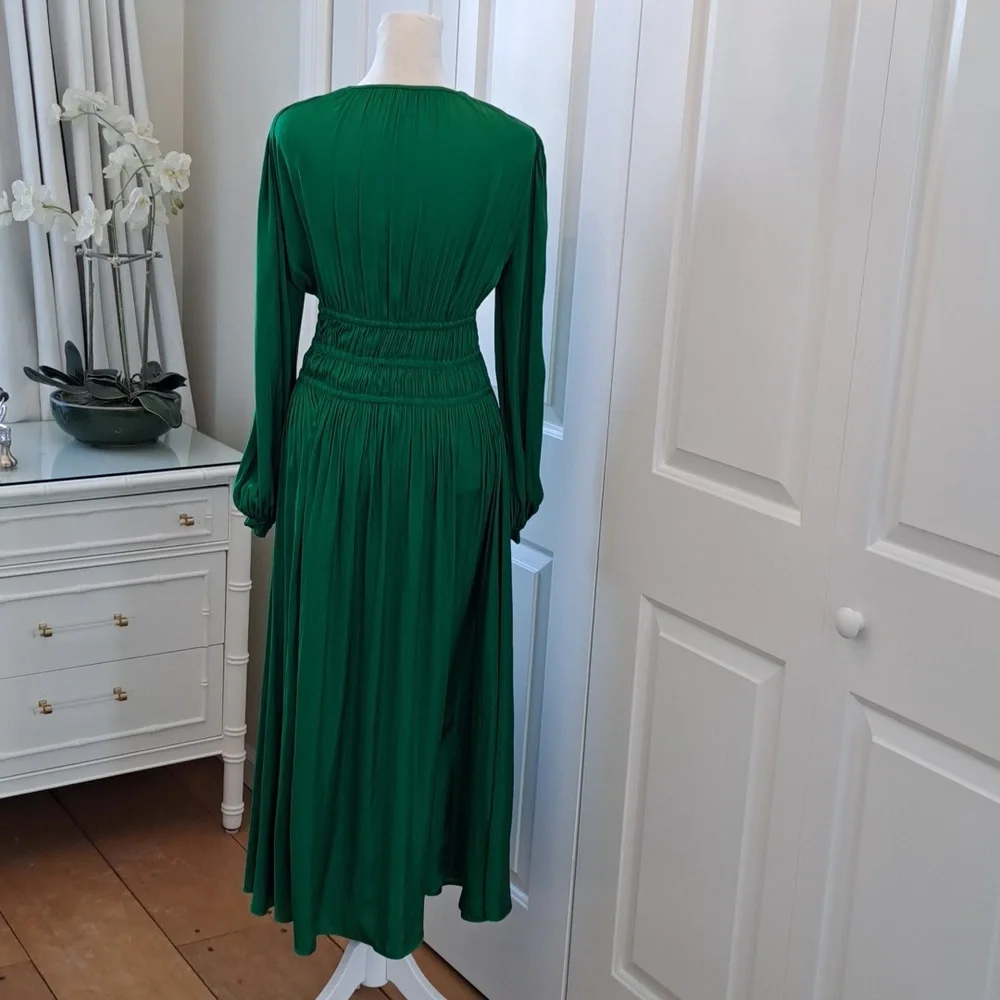 Maje Womens Rianette Smocked Silky Green Party/Wedding‎ Guest Midi Dress 38/6-8